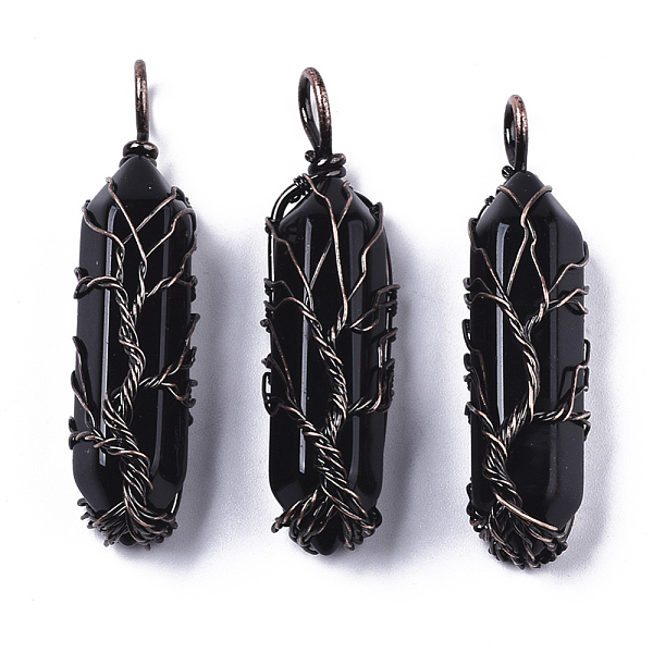 

PandaHall Natural Black Agate Big Wire Wrapped Pendants, with Brass Wires, prismatic with Tree of Life, Red Copper, 48~62x14~17x13~18mm...