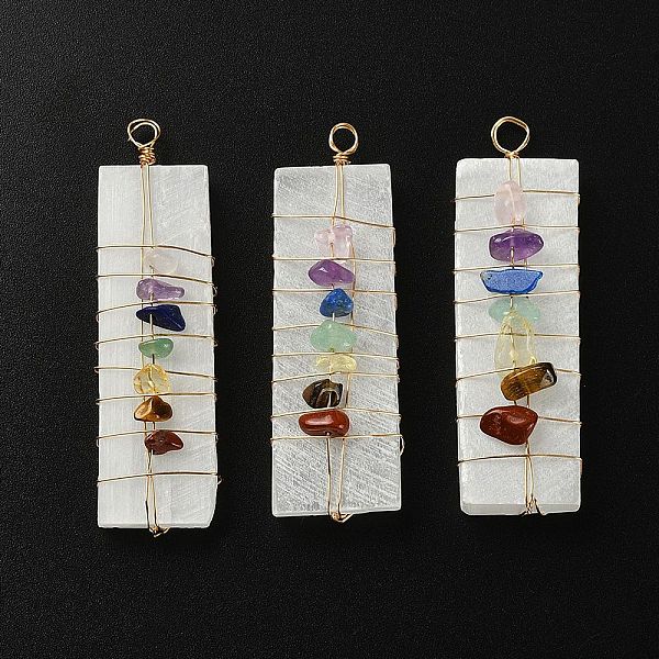 

PandaHall Chakra Jewelry, Natural Selenite Home Decorations, with Brass Wire Wrapped and Natural Gemstone Chip Beads, Rectangle...