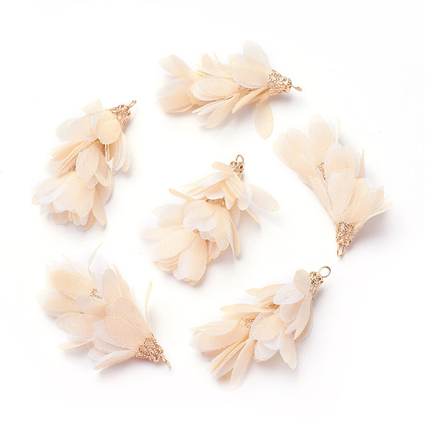 

PandaHall Iron Big Pendants, with Chiffon, Flower, Golden, Wheat, 50~52x22~28mm, Hole: 2mm Cloth Flower Orange