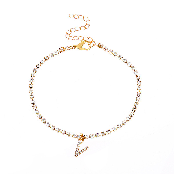 

PandaHall Fashionable and Creative Rhinestone Anklet Bracelets, English Letter V Hip-hop Creative Beach Anklet for Women, Golden Alloy