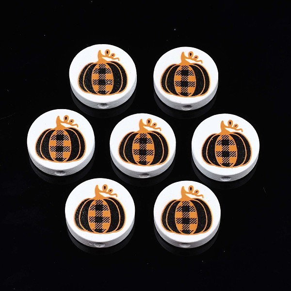 

PandaHall Autumn Theme Printed Natural Wood Beads, Flat Round with Tartan Pumpkin Pattern, Dark Orange, 19~20x5.9mm, Hole: 2~2.2mm Schima...