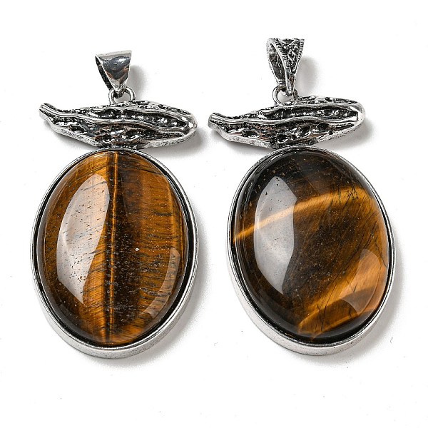 

PandaHall Natural Tiger Eye Big Pendants, Antique Silver Plated Alloy Oval Charms, 56x32x11mm, Hole: 7x6.5mm Tiger Eye Oval