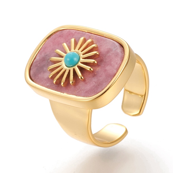 

PandaHall Natural Rhodochrosite & Turquoise Cuff Rings, Open Rings, Long-Lasting Plated, Rectangle with Sun, Real 18K Gold Plated, Size 7...