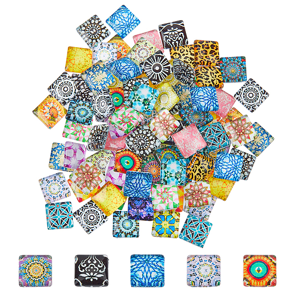 DICOSMETIC 100Pcs Mosaic Tiles Flower Tiles Pieces Mosaic Printed Glass Dome Cabochons Square Glass Cabochons Mosaic Puzzle Material for Art...