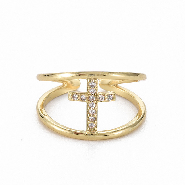 

PandaHall Brass Micro Pave Clear Cubic Zirconia Cuff Rings, Open Rings, Nickel Free, Cross, Real 16K Gold Plated, US Size 6 1/2(16.9mm)...
