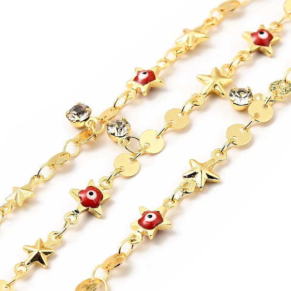 

PandaHall Enamel Star with Evil Eye & Brass Flat Round Link Chains, with Clear Glass Charms, Soldered, with Spools, Real 18K Gold Plated..., Red