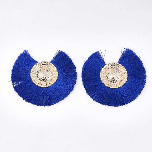 

PandaHall Polyester Tassel Big Pendant Decorations, with Iron Findings, Fan, Light Gold, Blue, 73~77x78~83x5~6mm, Hole: 1.2mm Polyester Blue