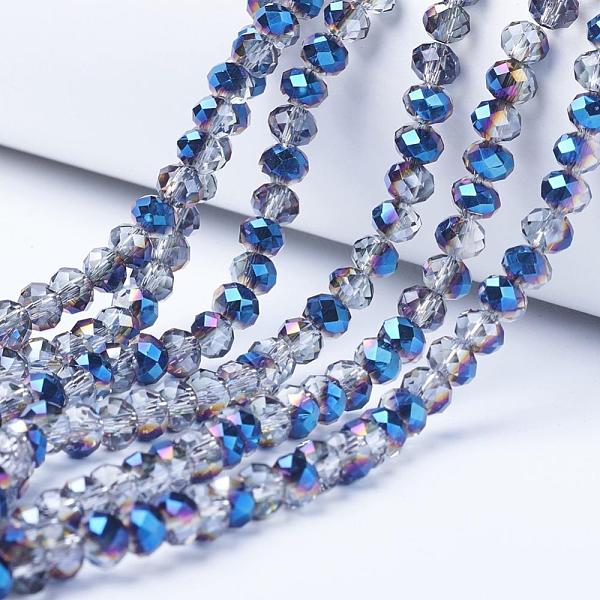 

PandaHall Electroplate Transparent Glass Beads Strands, Half Plated, Faceted, Rondelle, Blue Plated, 4x3mm, Hole: 0.4mm, about...