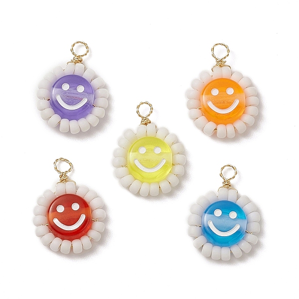 

PandaHall Glass Seed & Acrylic Braided Beaded Pendant, with Golden Brass Wire Wrapped, Flat Round with Smiling Face, Mixed Color..., Multicolor