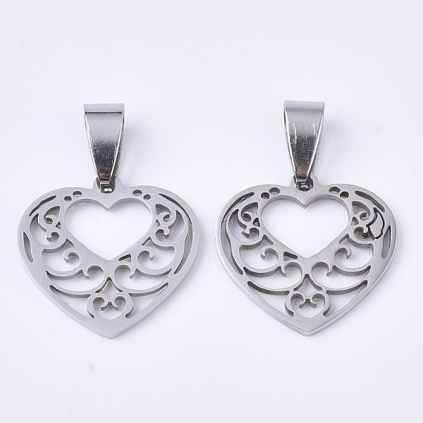PandaHall 201 Stainless Steel Pendants, Filigree Pendants, with Random Size Snap on Bails, Heart, Stainless Steel Color, 19x20x1.5mm, Hole...