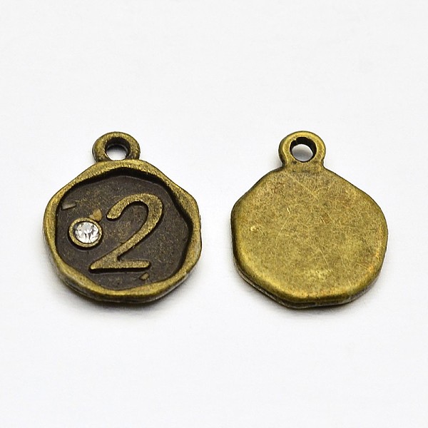 

PandaHall Antique Bronze Plated Alloy Rhinestone Charms, Flat Round with Num.2, Nickel Free, 13x10x1.5mm, Hole: 1mm Alloy+Rhinestone Number..., Clear