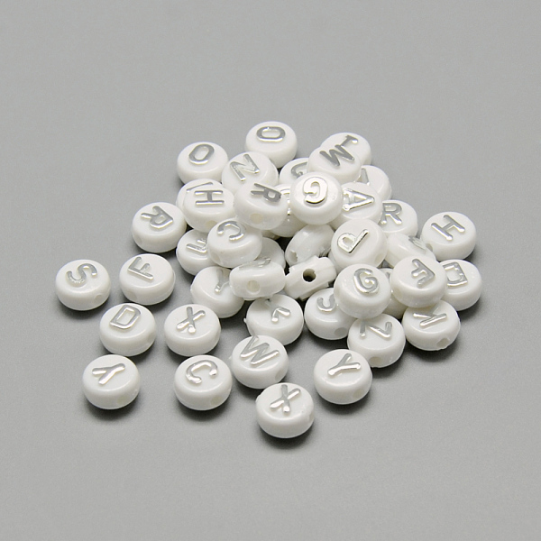 

PandaHall Plating Acrylic Beads, Silver Metal Enlaced, Horizontal Hole, Mixed Letters, Flat Round, Silver, 9.5~10x6mm, Hole: 2mm, about...