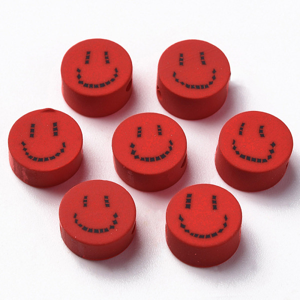 PandaHall Handmade Polymer Clay Beads, for DIY Jewelry Crafts Supplies, Flat Round with Smiling Face, FireBrick, 9x4~5mm, Hole: 1.6mm...