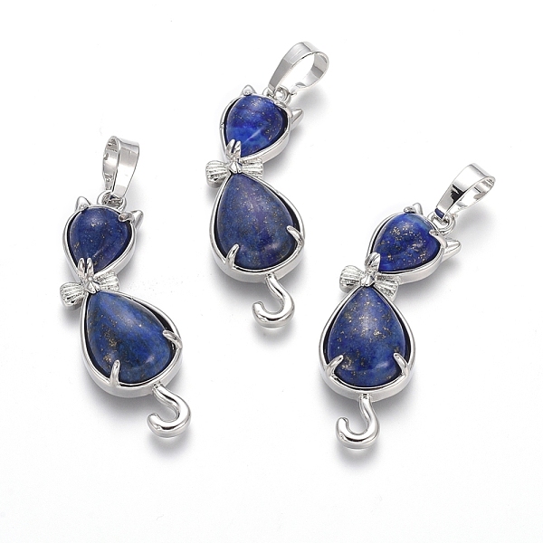 

PandaHall Natural Lapis Lazuli Kitten Pendants, with Platinum Tone Brass Findings, Cat with Bowknot Shape, 35.5x12x6mm, Hole: 5x7mm Lapis...