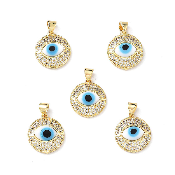 

PandaHall Real 18K Gold Plated Brass Clear Cubic Zirconia Pendants, Flat Round with Lampwork Evil Eye Charms, Lead Free & Cadmium free..., White