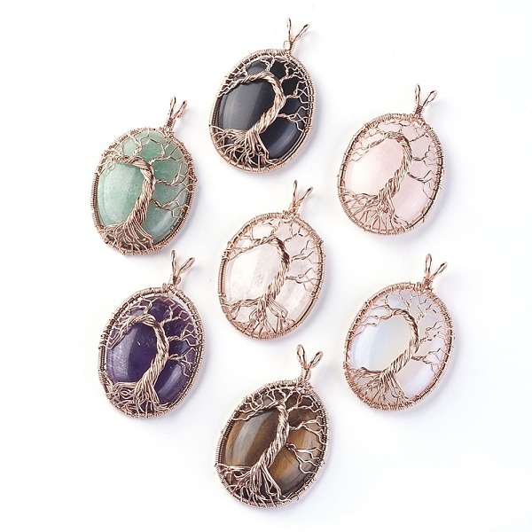 

PandaHall Natural & Synthetic Mixed Stone Big Pendants, with Rose Gold Tone Brass Findings, Oval with Tree of Life, 56~58.5x35~36x12~13.8mm...