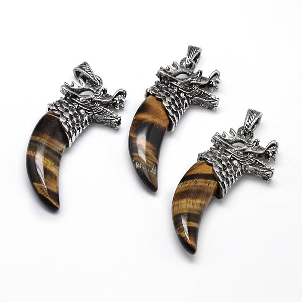 PandaHall Tusk Shape with Dragon Antique Silver Zinc Alloy Natural Tiger Eye Big Pendants, Lead Free & Nickel Free, 56~59x25x11.5mm, Hole...