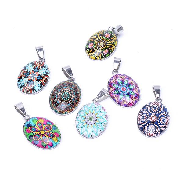 

PandaHall Flower Pattern Glass Pendants, with 201 Stainless Steel Findings, Oval, Mixed Color, 29.5x18.5x5~6mm, Hole: 4x6mm Stainless..., Multicolor