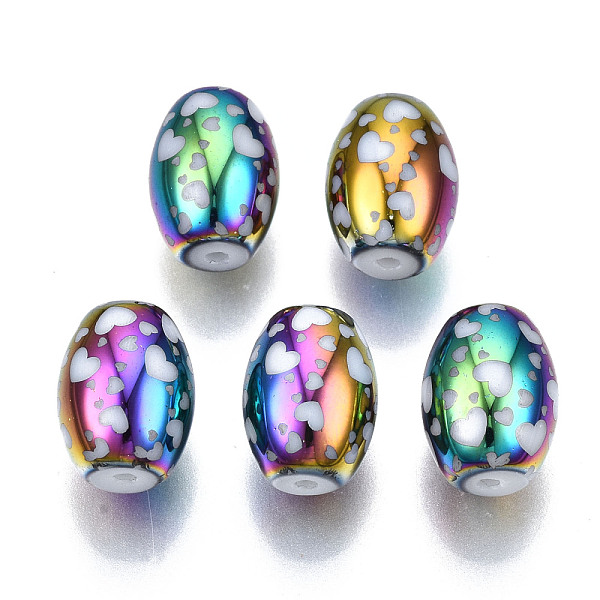 

PandaHall Electroplate Glass Beads, Barrel with Heart Pattern, Colorful, 11x8mm, Hole: 1.2mm, about 200pcs/bag Glass Heart