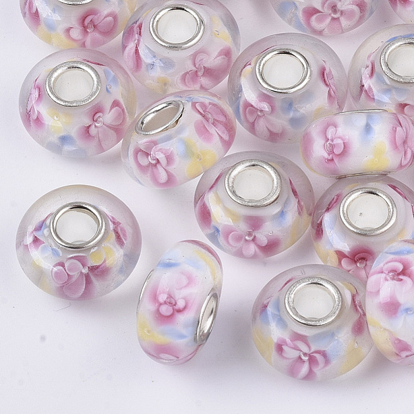 PandaHall Handmade Lampwork European Beads, Inner Flower, Large Hole Beads, with Silver Color Plated Brass Single Cores, Rondelle, Colorful...