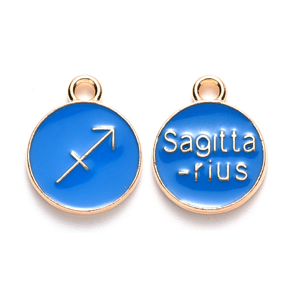 

PandaHall Alloy Enamel Pendants, Cadmium Free & Lead Free, Flat Round with Constellation, Light Gold, Dodger Blue, Sagittarius, 22x18x2mm...