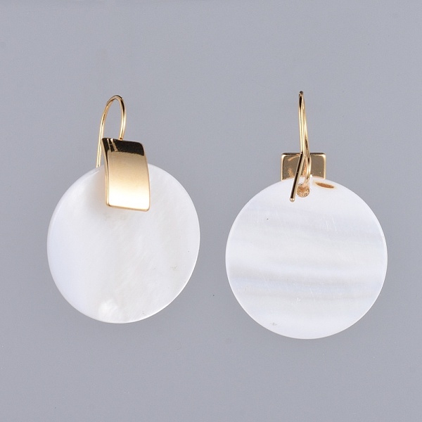 

PandaHall Freshwater Shell Dangle Earrings, with Brass Earring Hooks and Cardboard Jewelry Set Boxes, Flat Round, Real 18K Gold Plated..., White