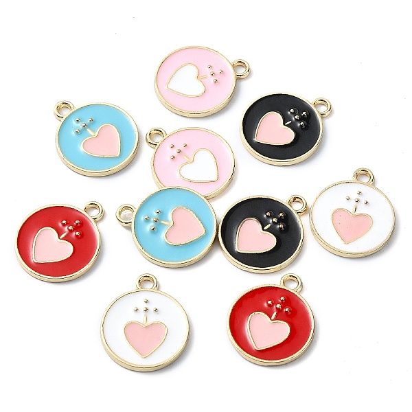 

PandaHall Rack Plating Alloy Enamel Pendants, Nickel Free, Flat Round with Heart Charm, Golden, Mixed Color, 19x16x2mm, Hole: 2mm..., Multicolor