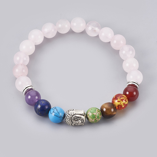 

PandaHall Natural Rose Quartz Stretch Bracelets, Chakra Jewelry, with Mixed Stone and Resin Beads, Metal Findings and Burlap Packing, Round...