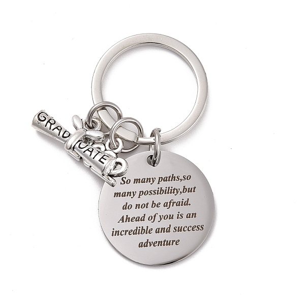 

PandaHall Graduation Theme 201 Stainless Steel Keychain Clasps, Flat Round with 2022 & Diploma, Word, 52mm Stainless Steel Word