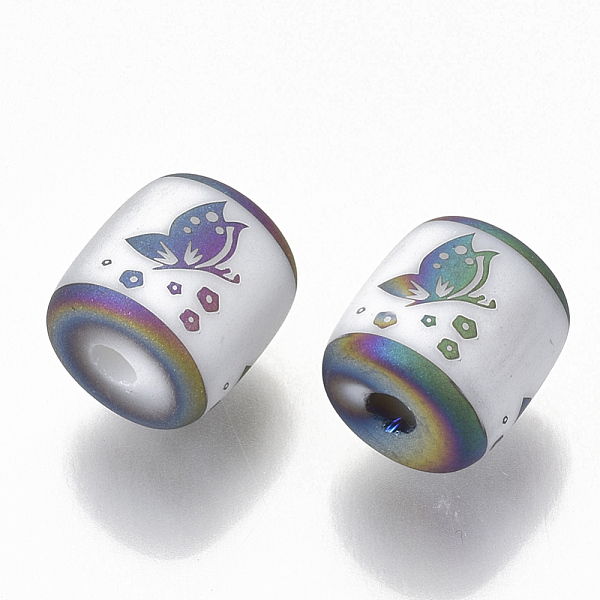 

PandaHall Electroplate Glass Beads, Frosted, Column with Butterfly Pattern, Multi-color Plated, 11.5x11.5mm, Hole: 2.5mm Glass Butterfly