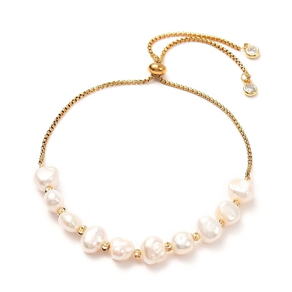 

PandaHall Natural Pearl Beads Adjustable Slider Bracelet for Girl Women Gift, Brass Charms, 304 Stainless Steel Cubic Zirconia Box Chain..., White