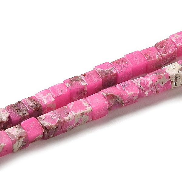 

PandaHall Synthesis Imperial Jasper Beads Strands, Dyed, Cube, Hot Pink, 2~2.5x2.5~3.5x2.5~3mm, Hole: 0.4mm, about 157~165pcs/strand...