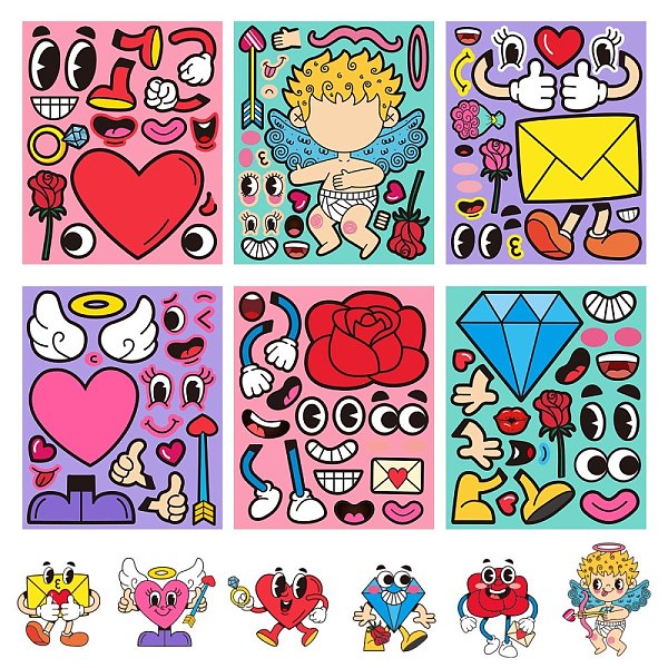PandaHall 6 Styles Valentine's Day Themed Make-a-face Paper Stickers, Self-adhesive Make your Own Decals, Removable Sticker for Party...