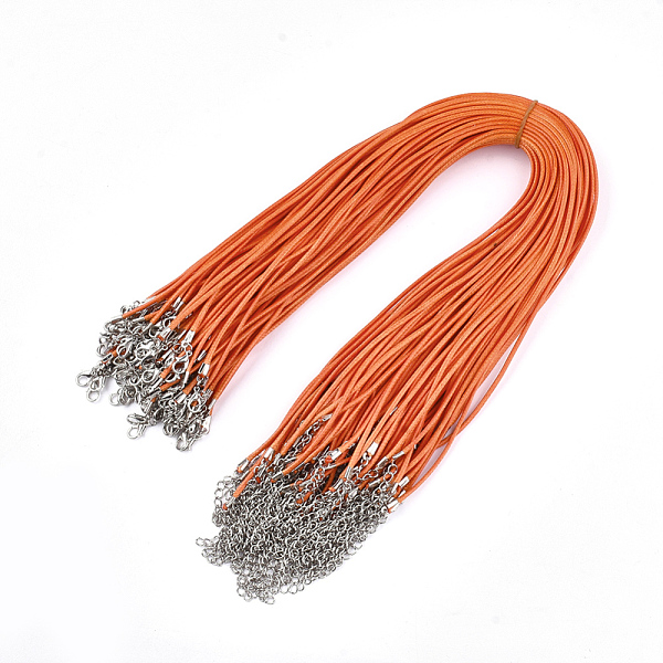 PandaHall Waxed Cord Necklace Making, with Zinc Alloy Lobster Clasps, Platinum, Orange, 17.8 inch~18 inch(45.5~46cm), 2mm Waxed Cord Orange