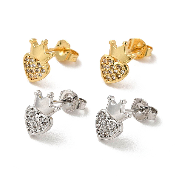 

PandaHall Rack Plating Brass Micro Pave Clear Cubic Zirconia Heart with Crown Ear Studs, Long-Lasting Plated, Cadmium Free & Lead Free...
