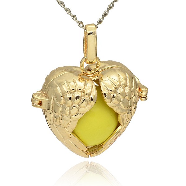 PandaHall Golden Tone Brass Hollow Heart Cage Pendants, with No Hole Spray Painted Brass Ball Beads, Yellow, 28x30x16mm, Hole: 3x8mm Brass...