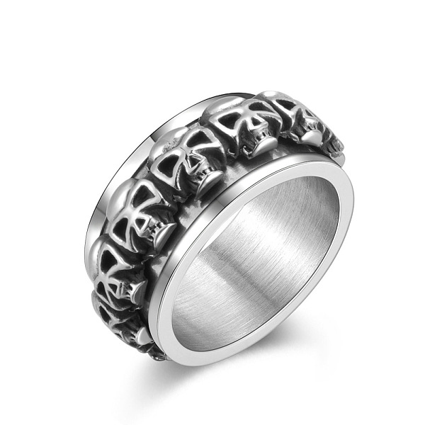 PandaHall Stainless Steel Skull Rotatable Finger Ring, Spinner Fidget Band Anxiety Stress Relief Punk Ring for Men Women, Antique Silver, US...