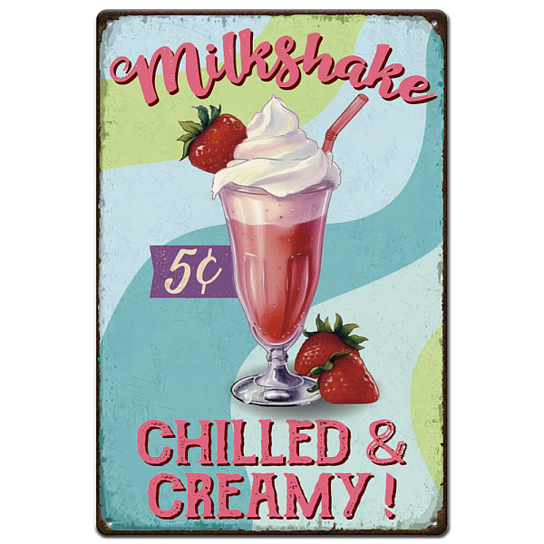 

PandaHall SUPERDANT Strawberry Milkshake Tin Sign Chilled & Creamy Metal Tin Signs Vintage Iron Signs Funny Wall Art Poster Metal Plaque for...