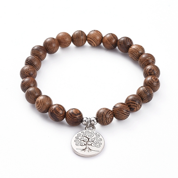 

PandaHall Unisex Wood Beads Stretch Charm Bracelets, with 304 Stainless Steel Beads and Tibetan Style Alloy Pendants, Flat Round with Tree...