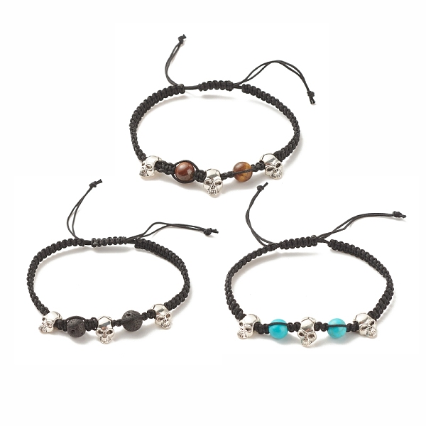 

PandaHall 3Pcs Natural Tiger Eye & Lava Rock & Synthetic Turquoise Braided Bead Bracelets Set with Alloy Skull, Halloween Gemstone..., Black