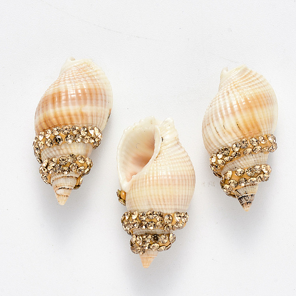 

PandaHall Spiral Shell Beads, with Polymer Clay Rhinestones, No Hole/Undrilled, Light Topaz, PP11(1.7~1.8mm), 25.5~26.5x23~24x12mm Spiral..., Brown