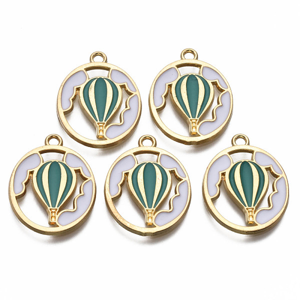 

PandaHall Alloy Enamel Pendants, Light Gold, Cadmium Free & Nickel Free & Lead Free, Flat Round with Hot air Balloon, Dark Turquoise...
