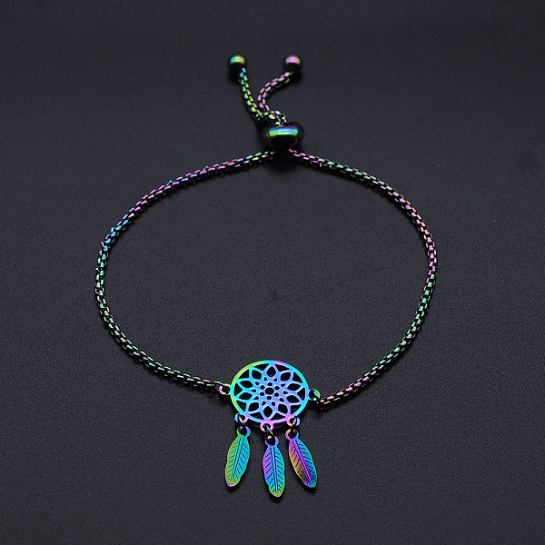 

PandaHall Adjustable 201 Stainless Steel Slider Bracelets, Bolo Bracelets, with Box Chains, Woven Net/Web with Feather, Rainbow Color, 9-5/8...