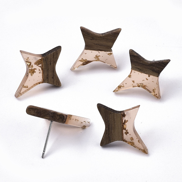 

PandaHall Transparent Resin & Walnut Wood Stud Earrings, with 304 Stainless Steel Pin and Gold Foil, Star, Light Salmon, 21x17~18mm, Pin..., Red