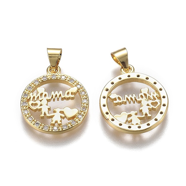 

PandaHall Brass Micro Pave Clear Cubic Zirconia Pendants, with Snap on Bails, Long-Lasting Plated, for Mother's Day, Flat Round with Word...