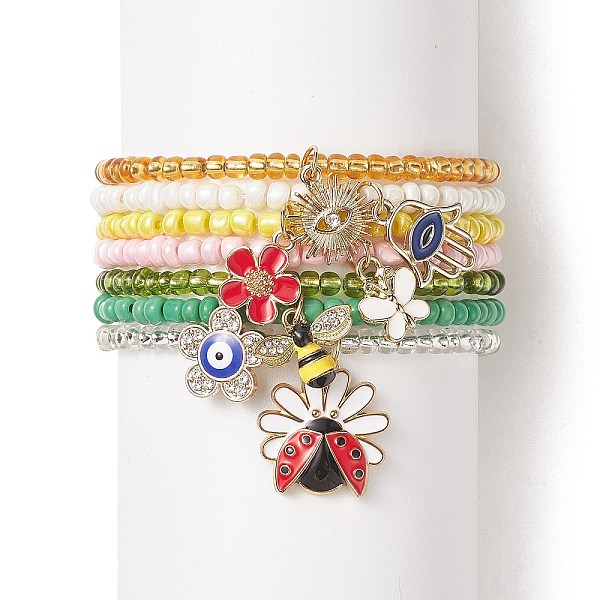 

PandaHall 7Pcs 7 Style Glass Seed Beaded Stretch Bracelets Set, Hamsa Hand with Evil Eye & Butterfly & Bee & Flower Alloy Enamel Charms..., Multicolor