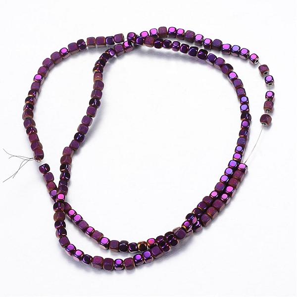 

PandaHall Electroplate Non-magnetic Synthetic Hematite Bead Strands, with Matte Style, Cube, Purple Plated, 3x3x3mm, Hole: 1mm, about...