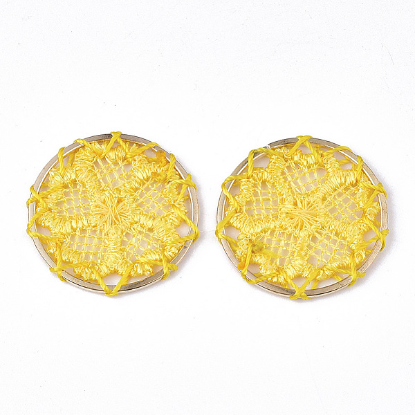 

PandaHall Polyester Woven Pendant Decorations, with Iron Findings, Flat Round with Flower, Light Gold, Gold, 28x2mm Polyester Flat Round...
