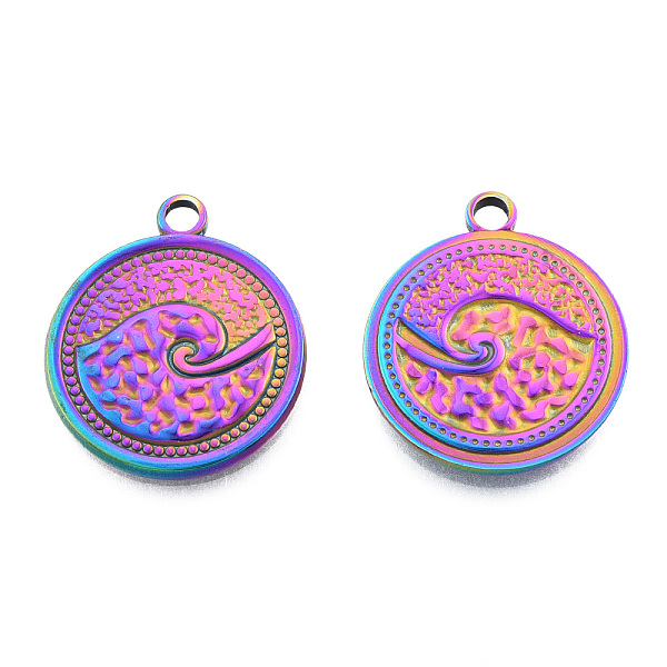 

PandaHall Ion Plating(IP) 201 Stainless Steel Pendants, Flat Round with Spindrift, Rainbow Color, 24x20.5x2mm, Hole: 2.5mm 201 Stainless...