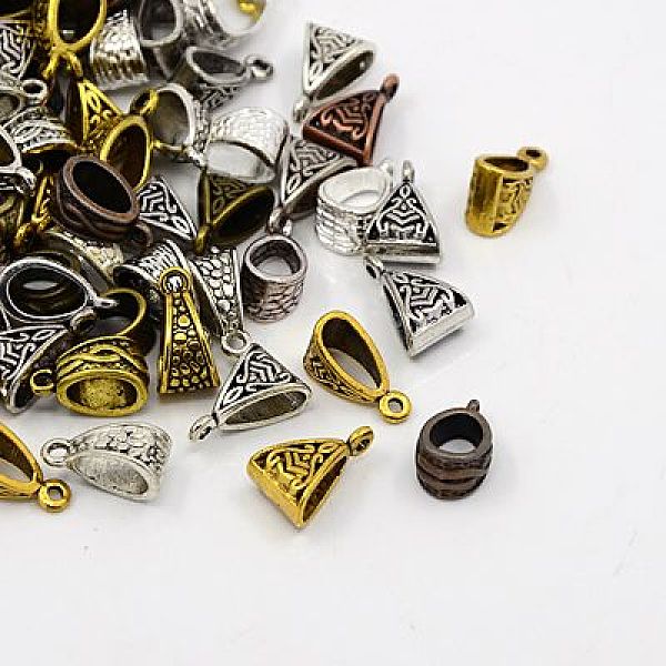 

PandaHall Tibetan Style Tube Bails, Loop Bails, Bail Beads, Triangle, Mixed Color, 14~15x7~10x6.5~9mm, Hole: 1.5mm, Inner Diameter: 2.5mm...